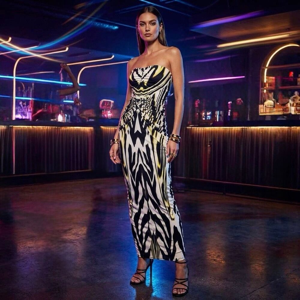 AFRM Zebra Print Ruched Mesh Strapless Bodycon Dress Black Yellow Size Small